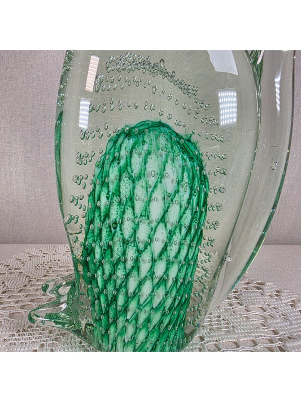 Large Vintage Art Glass Cat Sculpture Green Controlled Bubble Latticino 12" Tall - Picture 3 of 9